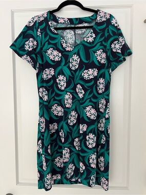 Draper James Navy Dress with Teal Leaves and Soft Pink Hydrangeas